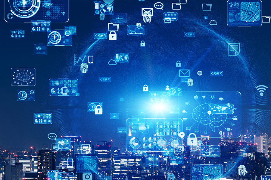 Smart city and communication network concept. 5G. IoT (Internet of Things). Telecommunication.